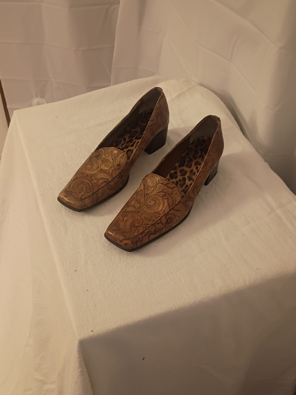 Brown Embossed Leather Block Heel Italian Loafers